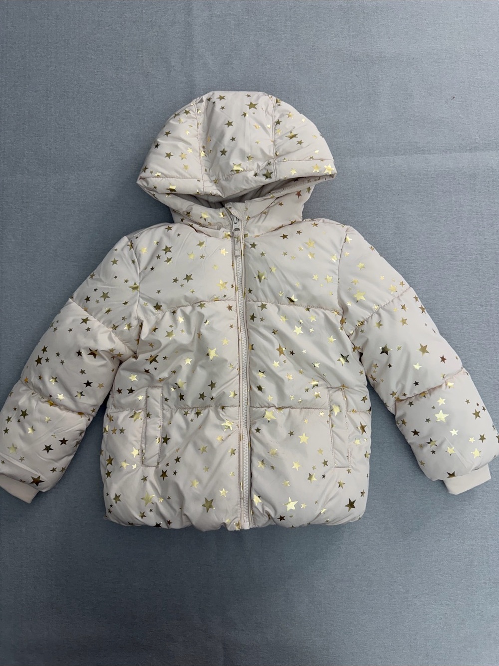 The Children's Place 4T Hooded Puffer Jacket Ivory/Gold Stars Full Zip